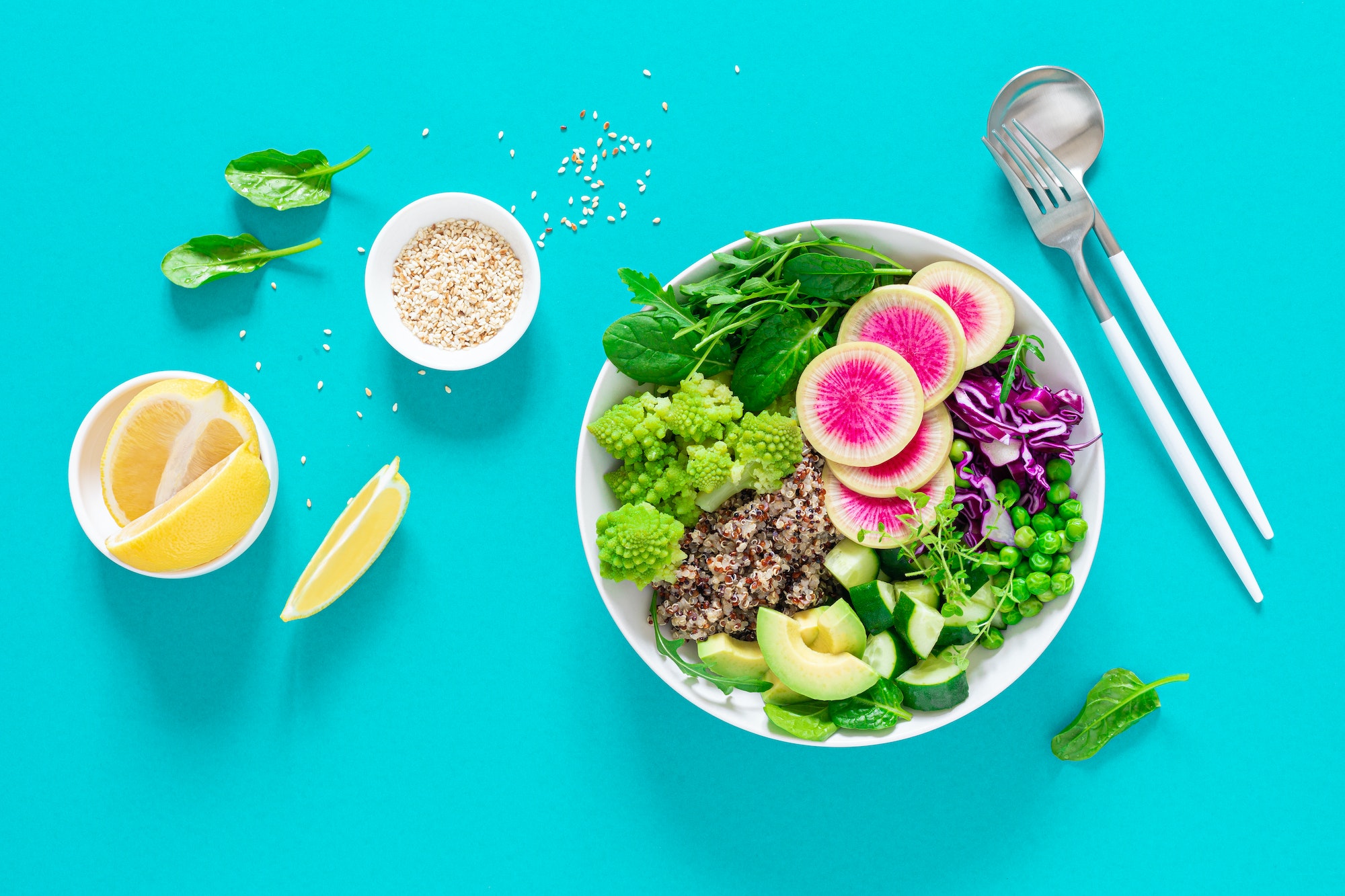 Vegan lunch bowl with quinoa and salad, vegan diet